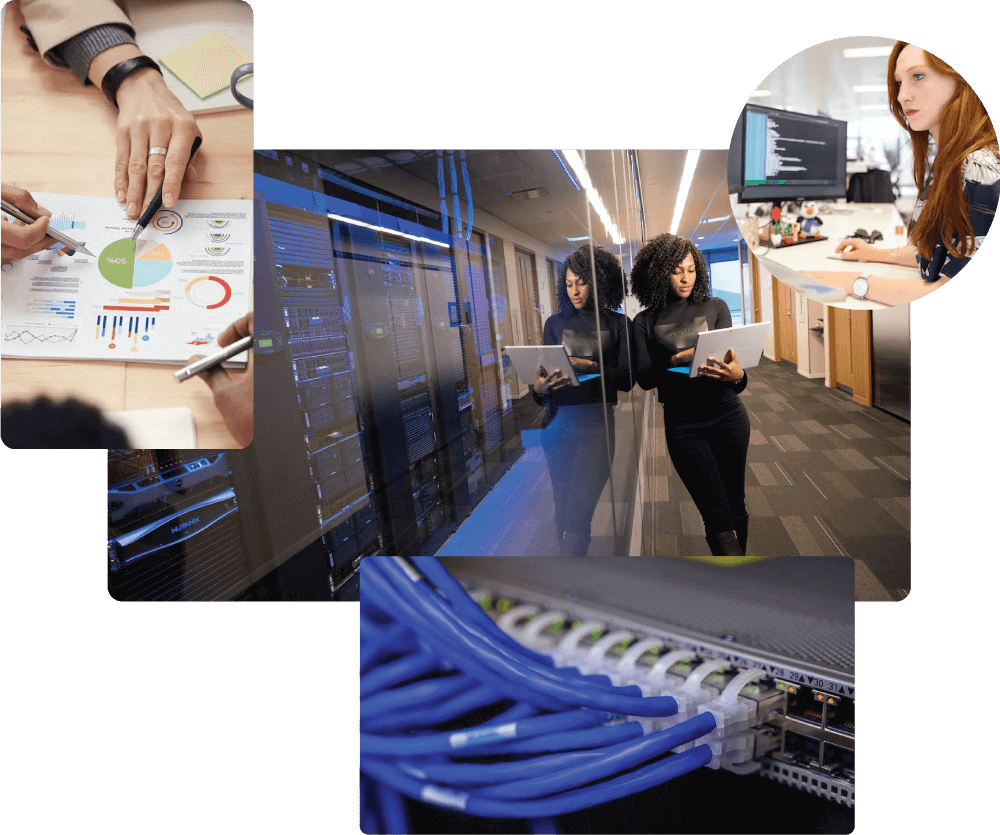 Image collage of technology server racks, help desk support, and information technology strategy document.